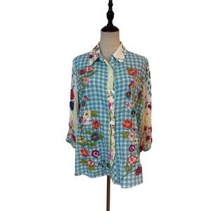 John Mark Linen Embroidered Top Floral Patchwork Sz L Boho Blouse Humming Bird